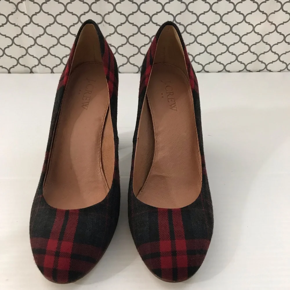 J.Crew Plaid Round-Toe Block Heel Pumps - Red/Black Size 7.5